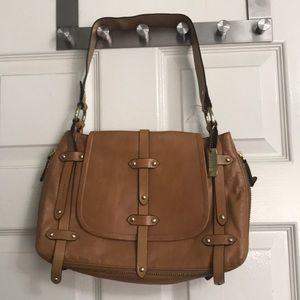 DKNY tan leather expandable shoulder bag EUC
